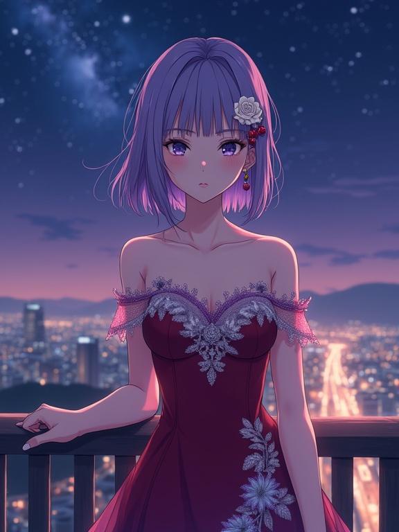 Beautiful anime lady facing viewer with calm and intelligent expression. Straight violet hair in bob cut and matching violet eyes. Hair adorned with white rose hairpin and dangling earrings. Dressed in luxurious off-shoulder evening gown in dark red-lavender tones with pale pink and purple gradients. Gown has sheer fabric with intricate embroidery. Stands gracefully at nighttime overlook with starry sky and city lights below.