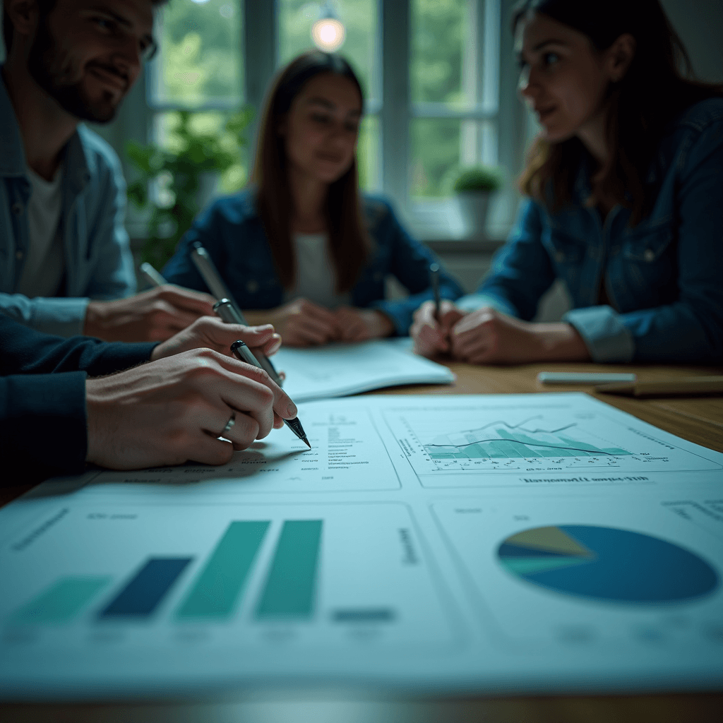 The image captures a group of four young adults engaged in a collaborative meeting around a wooden table, with a focus on teamwork and discussion. The foreground shows close-up detail of hands holding pens poised over documents featuring charts and graphs, indicating an analytical and data-driven conversation. The charts are color-coded, with a dominant blue and green palette, and display bar graphs and pie charts, suggesting the meeting involves performance analysis. The background is softly blurred but reveals a cozy, indoor atmosphere with a window allowing in natural light, casting a soft glow on the participants, who appear attentive and engaged. The scene reflects a professional yet informal setting, emphasizing strategic planning and collaboration.