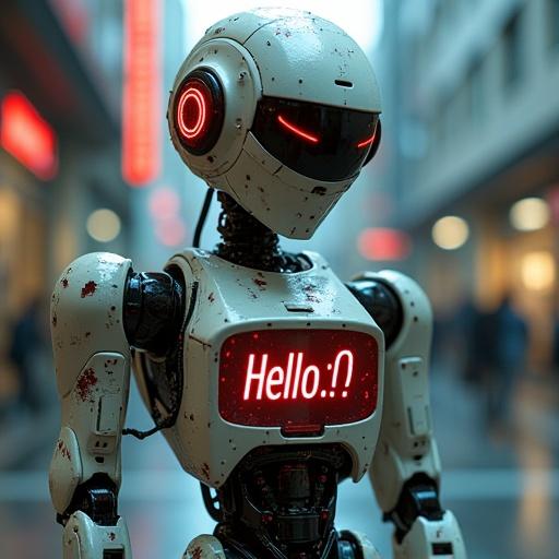 Cyberpunk robot with display showing words 'Hello:)' on a futuristic setting. Robot has bullet holes and a broken limb.