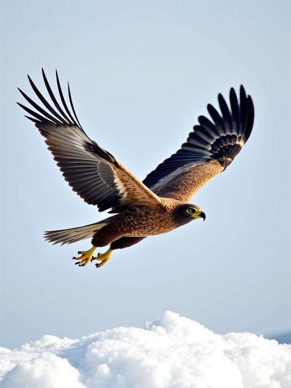 Golden Eagle in flight against a pale blue sky. The eagle has dark brown feathers with lighter cream accents. It possesses a golden crown. Wings are massive with sharp black tips, flying above white snow. Talons extended downwards. Body is muscular and aerodynamic. Fanned tail assisting with maneuvering. Head angled forward with sharp beak pointed downward. Minimal background showcasing the eagle's form and movement.