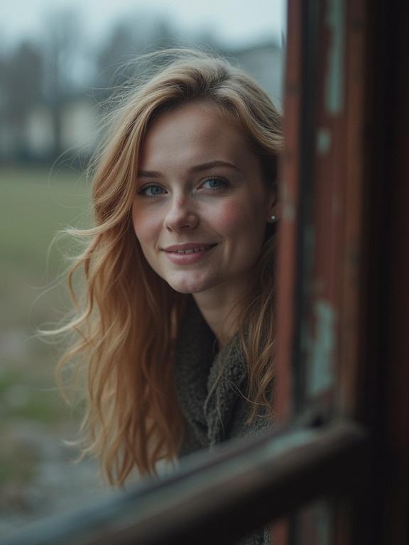 A young woman with beautiful blonde hair smiles thoughtfully while looking out of a vintage tram window.