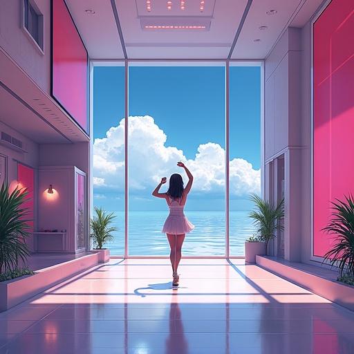 Anime depiction of a futuristic Tokyo dance studio located inside a large mega mansion. Bright and modern with expansive windows showcasing a summer sky with clouds and a sea view. A dancer is posing confidently in the center of the room.