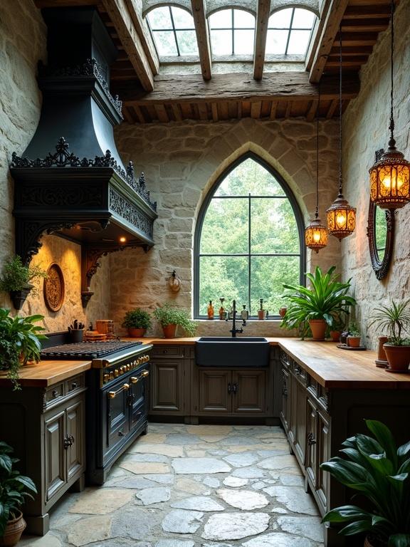 Characterful kitchen blends rustic and gothic elements. Walls are light stone. Ceiling has wooden beams and glass skylight. Large arched window overlooks greenery. Stone tile flooring in varying shades. Dark wood cabinets with ornate carvings. Warm-toned wooden countertops. Black range cooker with brass accents. Ornate black hood. Dark sink beneath window. Vintage-style pendant lights. Potted plants throughout. Functional, inviting atmosphere.