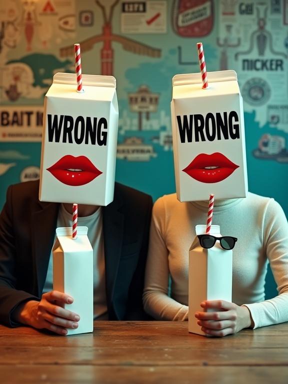 A surreal photorealistic scene with two figures seated at a wooden table. They have large milk cartons for heads with the word 'WRONG'. A straw emerges from each milk carton. One straw connects to a smaller milk carton held by the left person. The left wears a dark blazer while the right has a cream-colored turtleneck and sunglasses on the carton. The background shows an abstract mural with corporate logos and anatomical diagrams. The lighting is dramatic with amber and cyan tones. The mood is tense and uncanny.