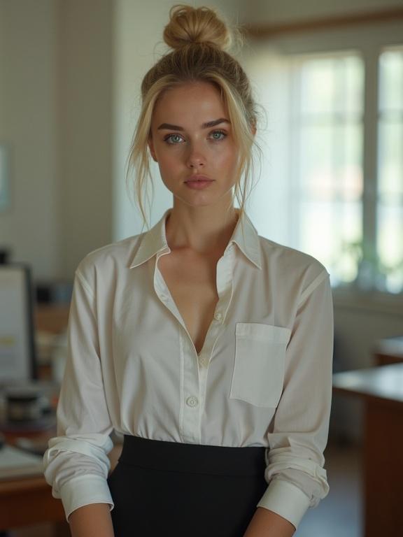 Portrait of a young woman with blonde hair in a hair bun wearing a white shirt and black pencil skirt in an office setting