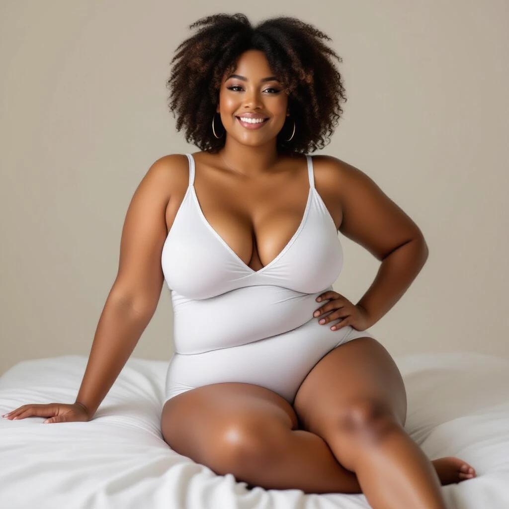 A plus-size woman with natural hair sitting gracefully on a bed. She wears a simple white bodysuit. The background is neutral and soft, creating a calming ambiance.