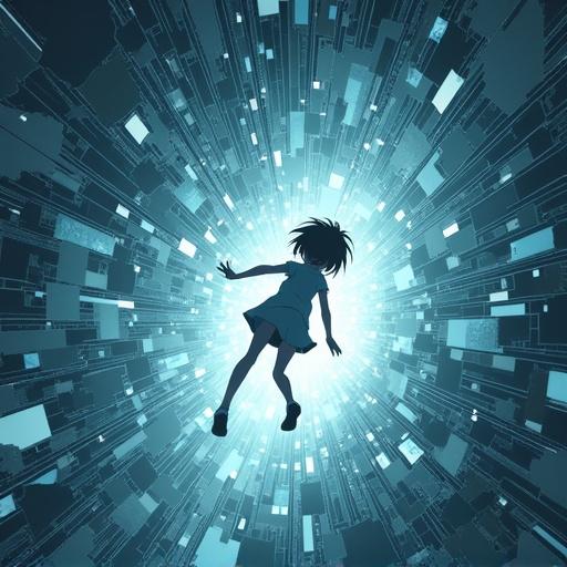 Anime character falling through shattered mirror dimensions. Character reaches for glitching memory fragments in a digital landscape.