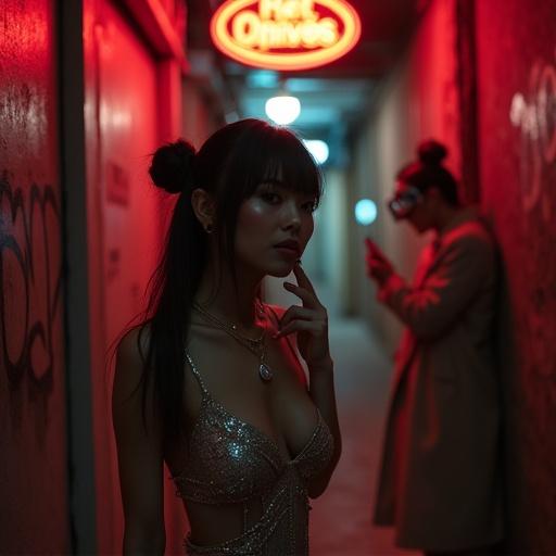 A ladyboy stands in a dimly lit Red Light District alleyway. She wears a sequined cocktail dress. A silver pendant glints at her throat. Across from her, a rival dancer leans against a wall. A third figure in a trench coat is on the phone. Tension is palpable in the air. The lighting creates sharp shadows, highlighting emotions.