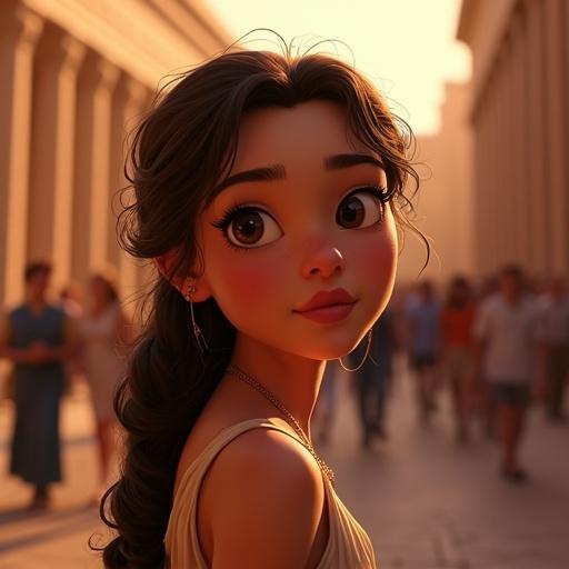 Close-up view of a young woman on a busy street in an ancient Greek city at evening depicted in a Pixar cartoon style