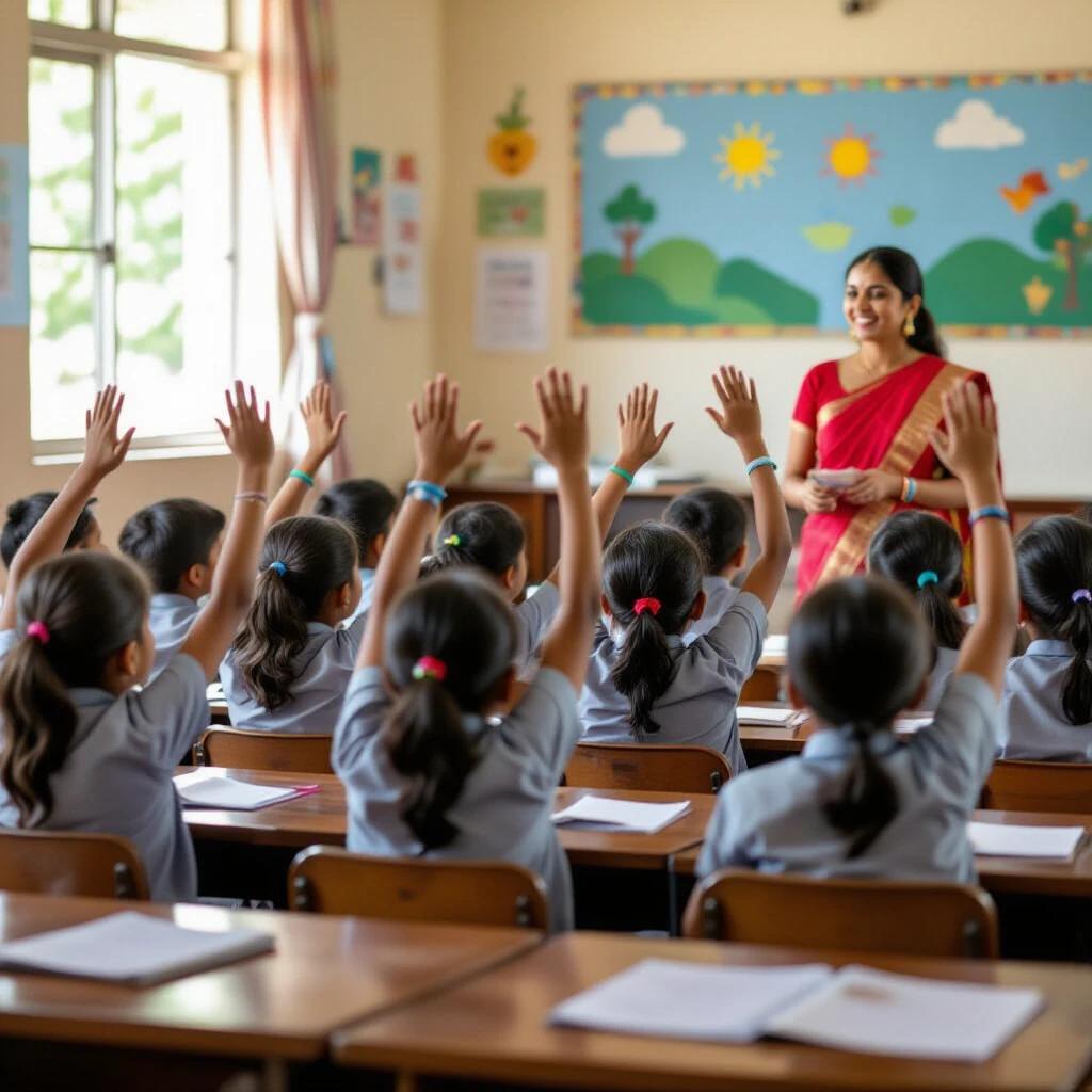 Classroom setting with young students at desks. Students actively raising hands. Teacher in red saree presents information. Students wear grey uniforms. Bright and colorful classroom with murals.