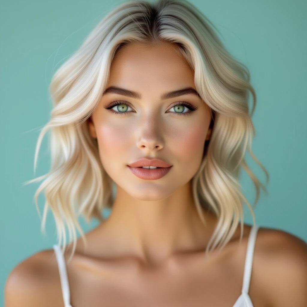 Beautiful female model with wavy platinum hair and green eyes. Neutral expression with slight pout. Wearing white top. Light blue background. Focus on face and upper body. 16:9 aspect ratio.