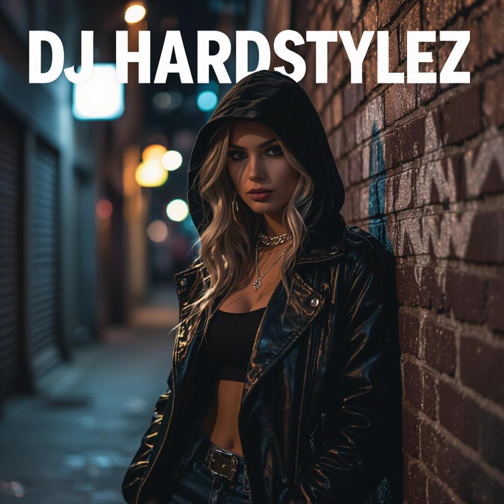 Raw photo captures a nighttime scene in a dark alley featuring a woman leaning against a wall. The style is bespoke for an album cover with the title DJ Hardstylez prominently displayed.