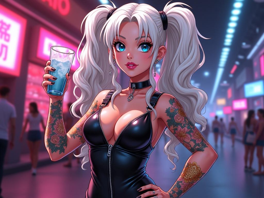 Anime character in a nightclub. Young woman with blue eyes, long blonde pigtails. Modern leather dress with tattoos. Attractive and confident expression. Holds a drink. Surrounded by a vibrant nightlife scene.
