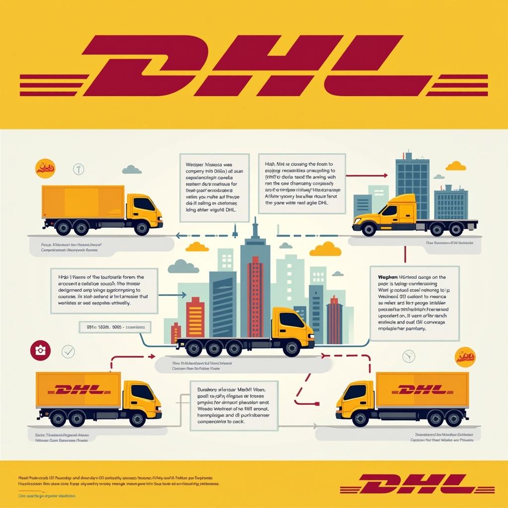 Research poster highlighting DHL's services and operations. Includes visual elements like delivery trucks, city maps, and infographics. Key aspects of DHL's logistics and transportation services are presented with clear illustrations and text.