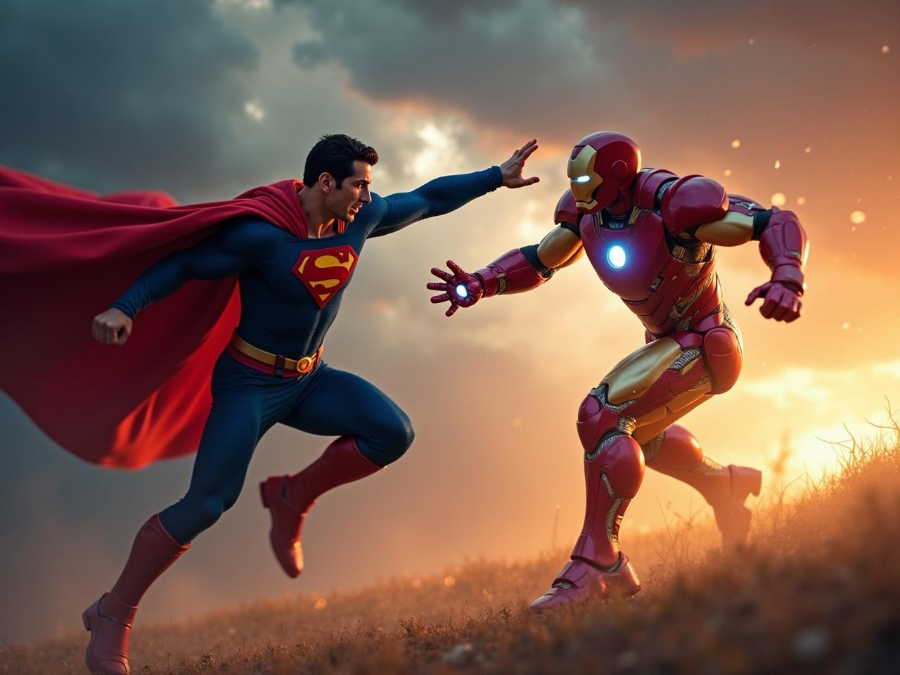 Two iconic superheroes engage in an intense standoff during a dramatic sunset.