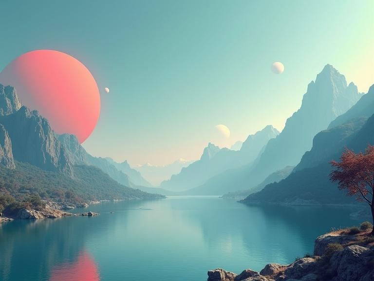 Surrealistic space landscape featuring a calm lake. Minimalistic design with mountains and a large planet. Dreamlike atmosphere.