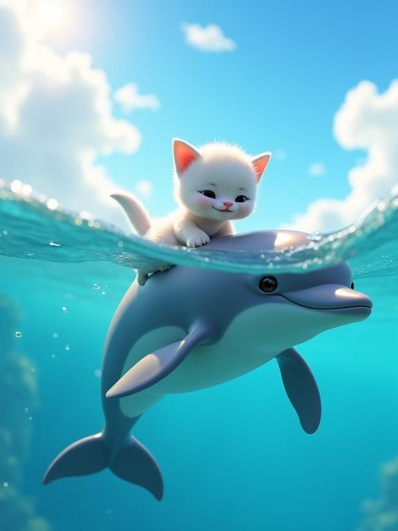 3D render of a kitten on a dolphin's back in a clear ocean. Kitten has white fur, dolphin is friendly. Warm sunlight shines through water, creating light effects. Focus on the bond between them, soft blue sky with clouds above.