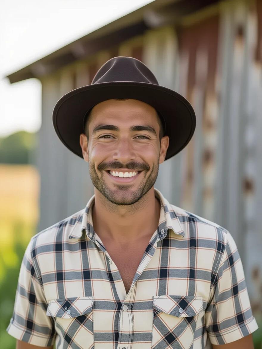 A young man in his twenties has light brown skin and is wearing a black hat. He has a charming smile and is standing in front of an abandoned farm.