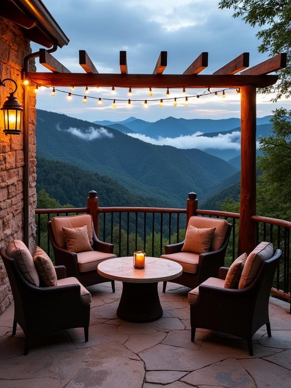A rustic outdoor patio captured at dusk. Overlooking rolling mountains with trees. Light-brown flagstones and a round dining table are in the center. Four armchairs surround the table with cushions. Wooden railing encloses the patio. Pergola structure above has warm string lights. Stone building exterior and a lantern are visible. Mountains recede in the background with low-lying clouds. Dusky blue and gray sky fills the scene.