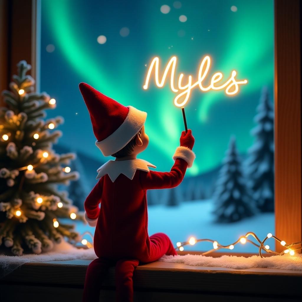 An enchanting Christmas scene featuring an elf on the shelf. The elf is dressed in red and white and faces a vibrant sky. With a magic wand, he writes 'Myles' in glowing letters above him. The background showcases the northern lights, creating a magical ambiance. A decorated Christmas tree and soft lights complete the festive atmosphere, making it a whimsical depiction of holiday spirit.