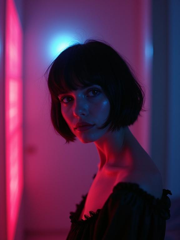 A photograph featuring a woman with short hair and a low-cut black nightgown standing in a dimly lit space. The image showcases a neon-lit background with red and blue hues. The view is from below and captures the moody atmosphere. The woman appears to be looking toward the viewer. Softbox lighting adds depth and drama to the scene. The photograph has a grainy texture, reminiscent of film.