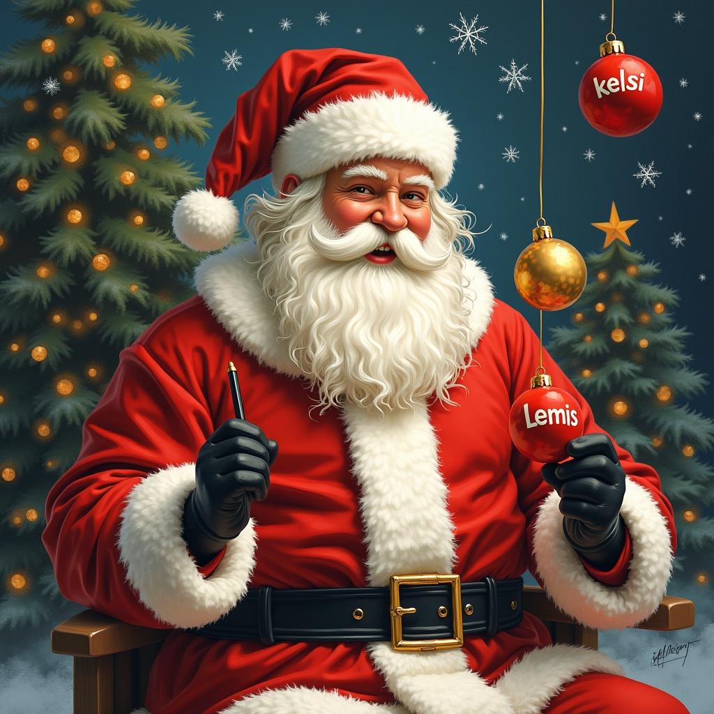 A jolly Santa Claus is sitting in a cozy chair surrounded by Christmas trees. He is wearing his classic red suit and a fluffy white beard. In his hands, he holds a small pencil and a collection of colorful baubles. Each bauble features a name written on it: 'Kelsi', 'Coby', 'Lewis', 'Jazmine', and 'Lottie'. Snowflakes fall gently in the background, adding to the holiday charm. Gold and red ornaments hang from the trees, enhancing the festive mood. The scene captures the joy of the season and the spirit of giving.