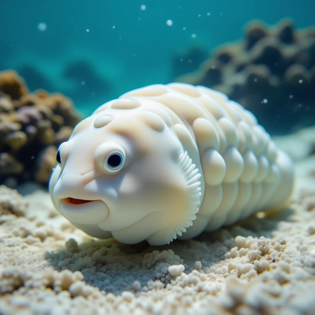 A sea cucumber with a perfectly spherical body shape lacks elongated features. Subtle underwater colors and soft lighting create a serene atmosphere.
