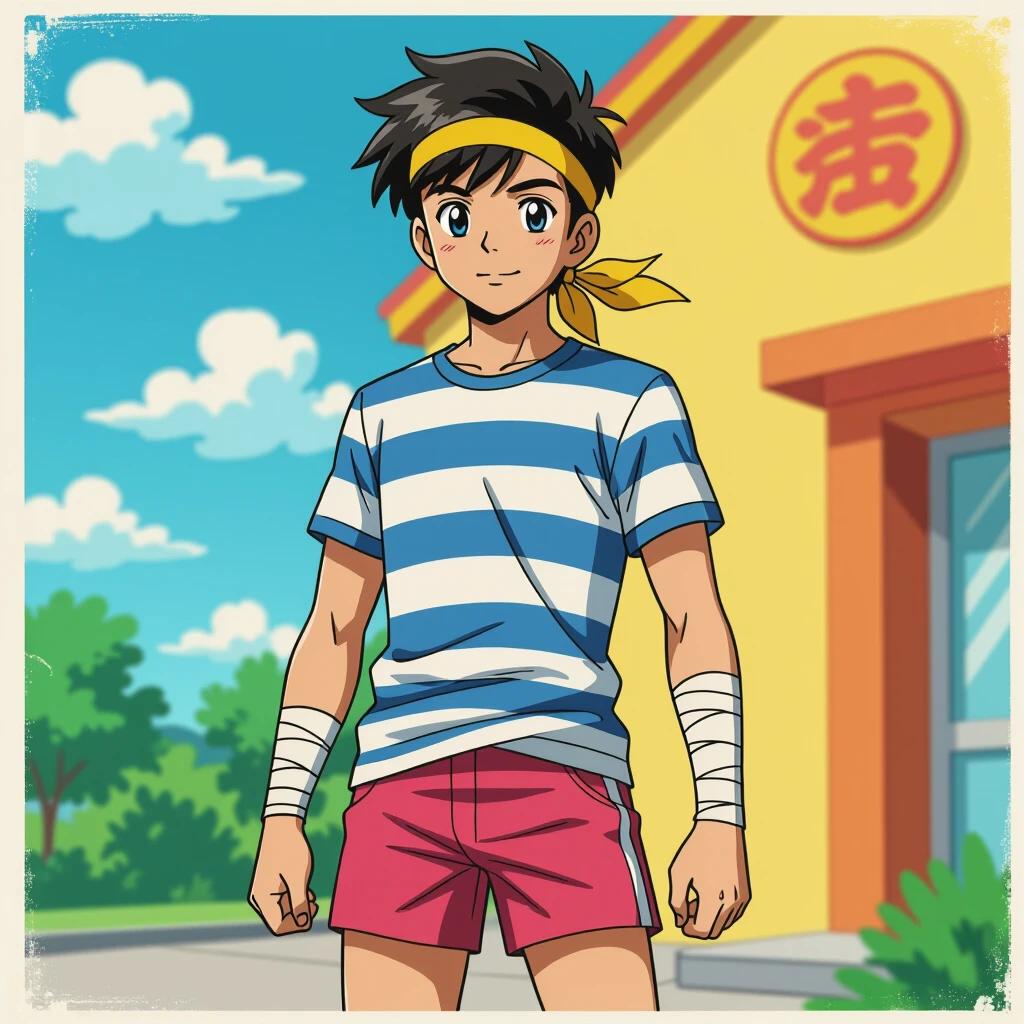 Illustration of a confident teenage boy from South America. He has a fit build. He wears a blue and white striped shirt and purple shorts. His look includes green flip-flops and a yellow headband. Arms are bandaged. Background has trees and a colorful sunset. The character stands in a determined pose.