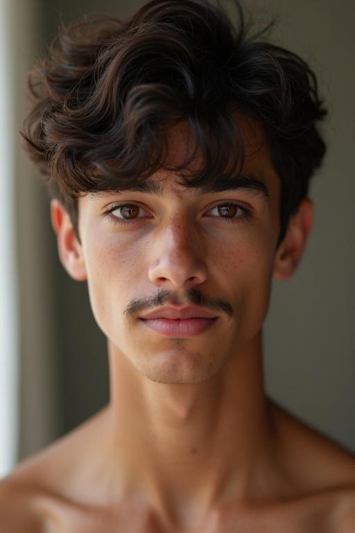 15 year old young man has thick dark brown hair styled in a short messy layered cut. He has a light mustache, medium brown skin, well-defined facial features. His dark brown eyes and straight nose stand out. A defined jawline and full lips are prominent. Body build is thin but muscular with veiny hands and arms.
