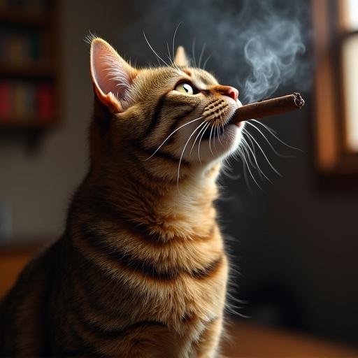 A cat with a cigar in its mouth. The setting has a cozy background. Soft light highlights the cat's features.