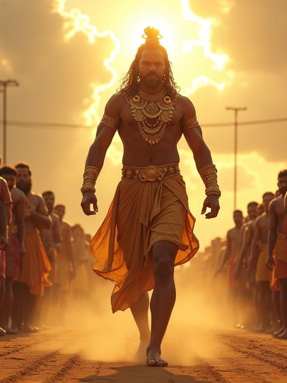 Tall radiant warrior enters the arena. Karna walks with majesty. Golden armor glows in sunlight. Sky is partly clouded with sunlight piercing through. Dust rises with steps. Crowd turns in silence. Focus on intense eyes.