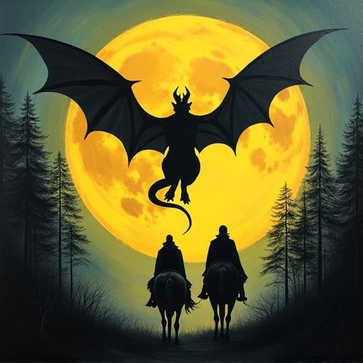 Double exposure art featuring a large dragon creature silhouette and a yellow moon. Travelers in cloaks ride horses below looking up at the sky. Forest surrounds the scene. Expressive and atmospheric painting style using saturated colors with oil on canvas.
