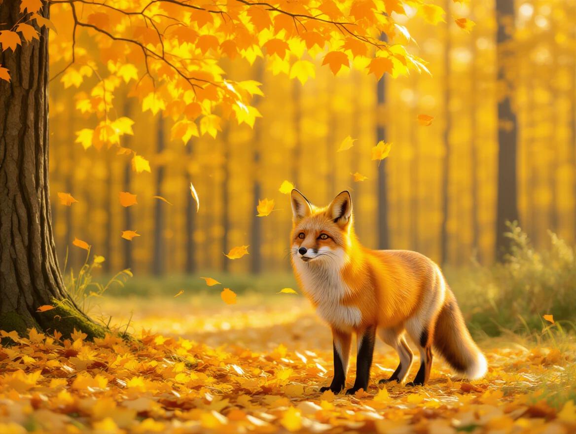 Red fox stands beneath bright autumn trees. Golden leaves falling onto a quiet forest floor. Soft sunlight filters through the trees. The scene is tranquil and captures the essence of fall.
