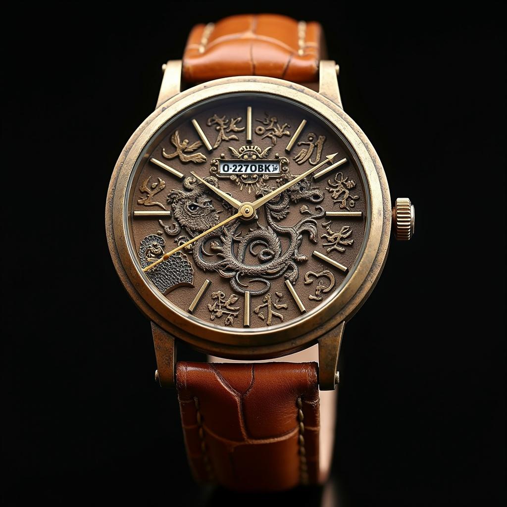 Handmade bronze wristwatch with intricate carvings of dragons and phoenixes. Vintage look with simple hour and minute hands. Features weathered bronze and tanned leather strap.