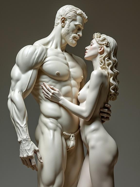 Full body sculpture showing two figures embracing. One figure is muscular and strong while the other is elegant and feminine. The statues depict a romantic moment. Smooth surfaces and realistic details characterize the figures. No faces are visible, focusing on the bodies. The artwork emphasizes the theme of love and connection.