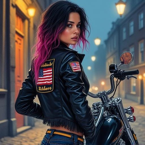Vividly painted scene of a young woman with black hair and hot pink highlights. She wears a fringed black leather jacket and ripped jeans. Standing next to a Harley chopper. Serious expression on her face. Slight profile with back to viewer while looking over shoulder. Jacket features an American flag emblem and a patch saying Lady Riders. Background shows cobblestone street at night with lamp post lighting.