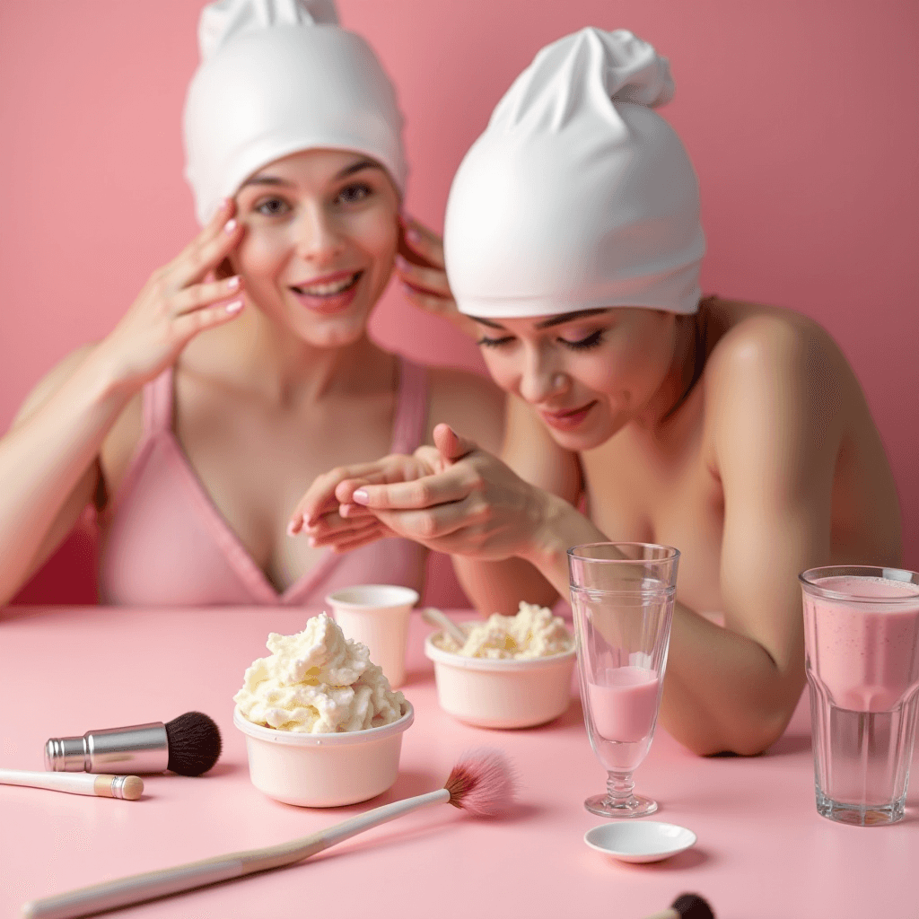 Two women in white caps and pink tops enjoy a beauty session with cosmetics and whipped cream on a pink table.