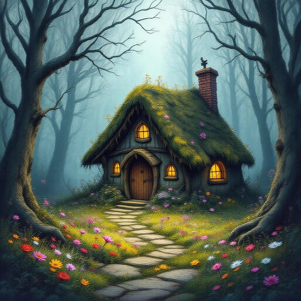 Dark fantasy landscape depicting a hermit witch hut in a mystical woods. Soft watercolor style emphasizes unnatural flower patterns. Eerie atmosphere enhanced by cinematic lighting.