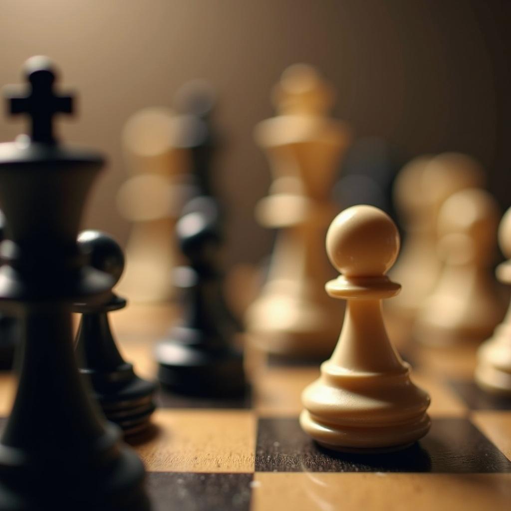 Close-up of a chessboard with chess pieces. Black and creamy white pieces on the board. Focus on alignment of pawns and kings. Soft haze in background. Warm brown colors with contrasting black and white.