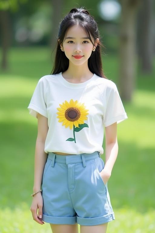 Young woman stands in a green park wearing a white sunflower printed shirt and sky blue shorts. She has natural black straight hair styled in a ponytail. Her expression is friendly with a smile. The scene has a bright and lively atmosphere.