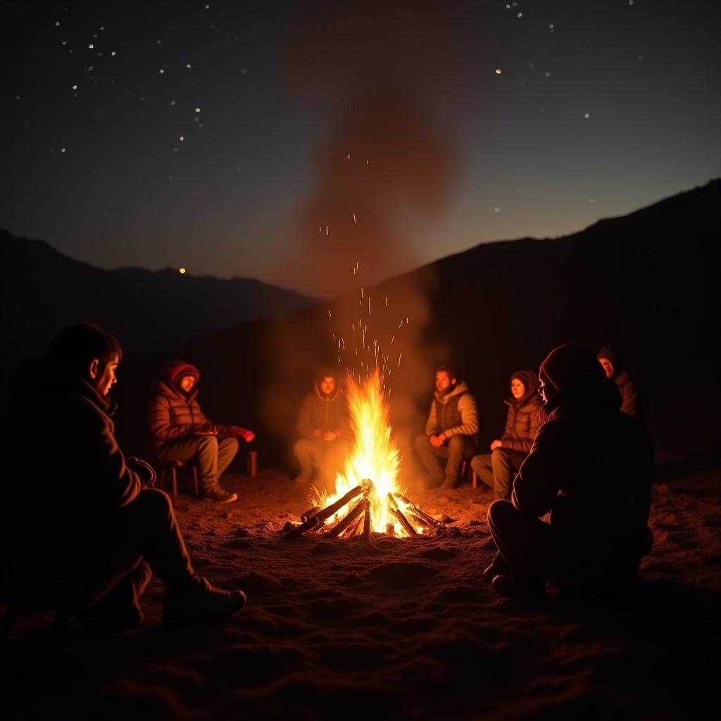 A warm glowing campfire in Tibet. Silhouettes of travelers sit around it. Use firelight and shadow effects for atmosphere.