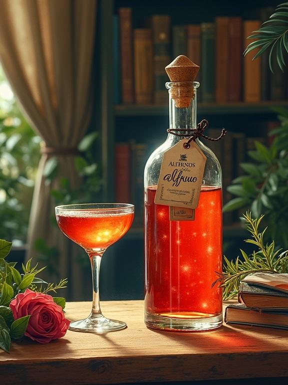 A speakeasy behind a bookcase in a library. A goddess mixes cocktails. A tasting glass has shimmering reddish herbal liqueur. Atmosphere is relaxing with soft lighting, antique books, green plants. An apothecary bottle is in focus, labeled ALFRUNO. Rosemary and cinnamon are present. The style is whimsical and dreamy, with earthy tones and textured effects.