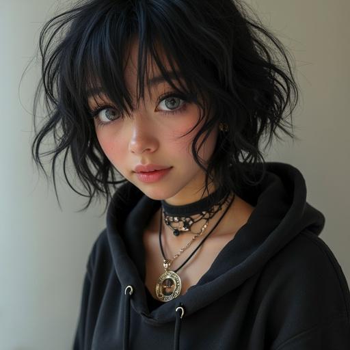 Charming girl with black eyes and long, wavy hair wearing dark short hoodie. She has a long sleeve shirt, short skirt, and tights. Fun and adventurous personality with a brave style.