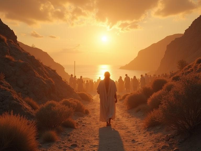 A biblical landscape of Galilee featuring mountains and a sea, with dusty paths and crowds of people. Jesus is walking among them, surrounded by an aura of light during sunset.