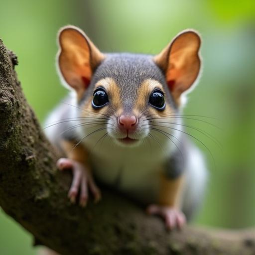 Realistic close-up photo of an Ezo Momonga sitting on a tree branch. The squirrel has large black eyes and looks at the camera. Its gray-brown fur and white belly are detailed. The squirrel waves with its right paw. The background is blurred, showcasing daylight on its fur. Setting in Hokkaido's sub-alpine forests.