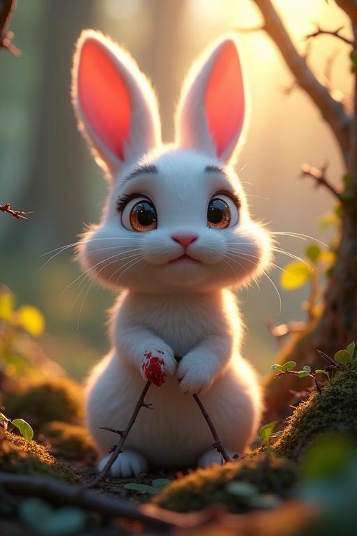 Close-up of a white rabbit trapped in thorns. The rabbit has red on its paw. Its large eyes show fear and tears. Glowing forest light surrounds it. Background has vibrant foliage with soft sunlight.