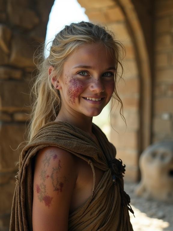 Close-up of a young warrior tribal blonde girl with bruises and dirt on her face. She stands inside a ruined temple. Soft light from a broken window creates a glowing effect on her as she smiles, showing pride in her survival. Ancient cracked stone walls surround her.