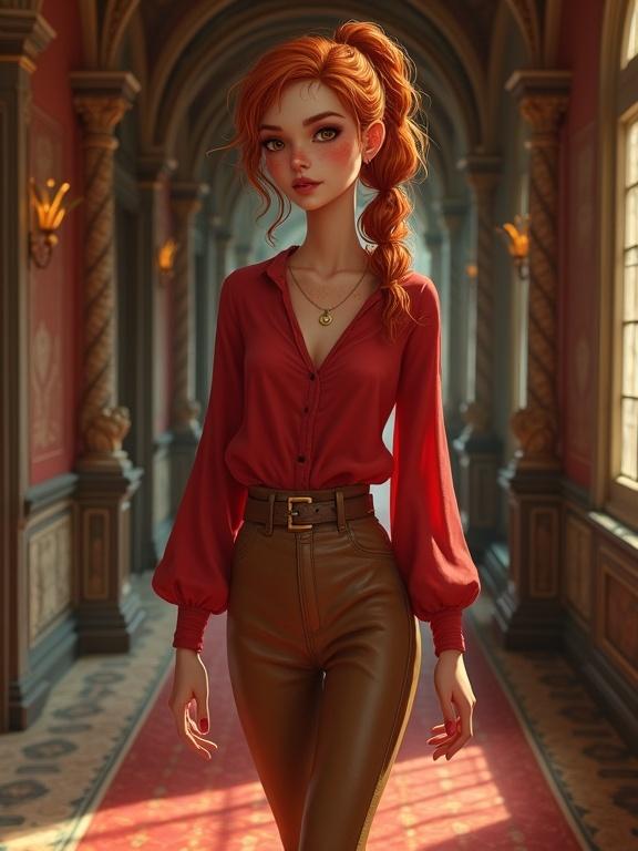 3D illustration of a ginger thief in a red blouse and tan leather trousers walking in a mansion corridor. Detailed background with medieval elements. Character has freckles, full lips, and messy ponytail. Interior shows a fairytale theme.