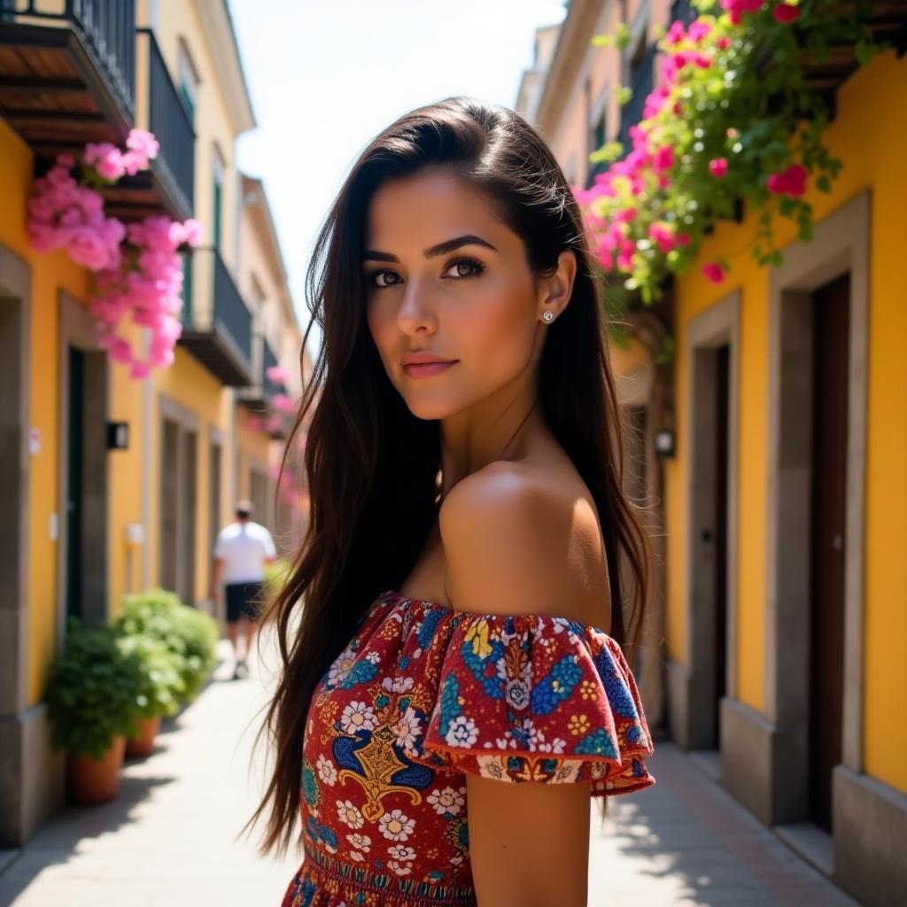 The image showcases a beautiful woman standing in a vibrant street adorned with colorful flowers. She has long, dark hair and is wearing a stylish off-the-shoulder dress with floral patterns. The setting is filled with warmth and daylight, emphasizing the charm of the picturesque surroundings. You can see hints of traditional Spanish architecture in the background. This scene evokes a sense of summer and cultural beauty, making it ideal for fashion and travel themes.