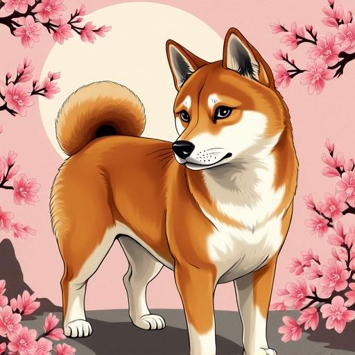 Generate Shiba Inu with cherry blossoms background in Yasuo Kuniyoshi style.